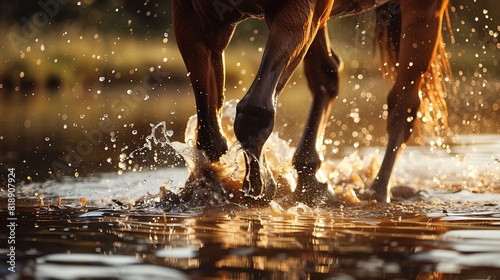 A close-up shot of a horse's powerful legs as it confidently traverses through the shallow waters of a river, stirring up splashes with each step