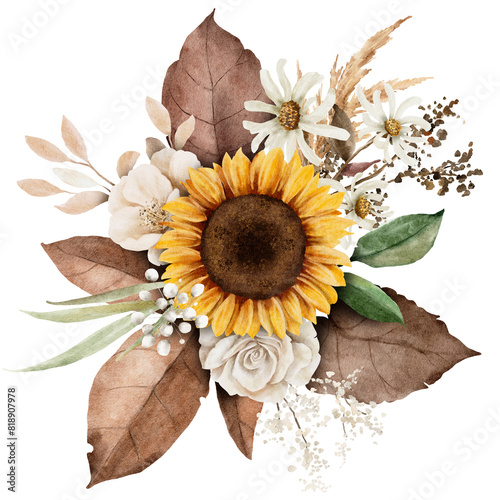 Sunflower in autumn bouquet watercolor