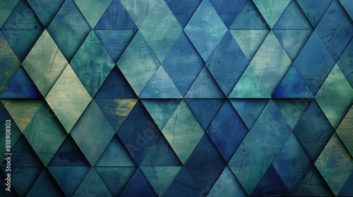 A pattern of geometric shapes and lines in shades of blue and green.