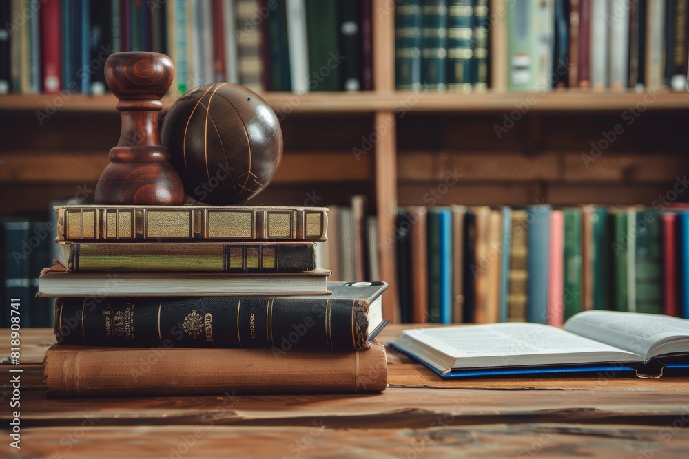 A tidy stack of books is placed on top of a rustic wooden table, creating a simple and organized arrangement. Generative AI A tidy stack of books is placed on top of a rustic wooden table, creating a simple and organized arrangement. Generative AI