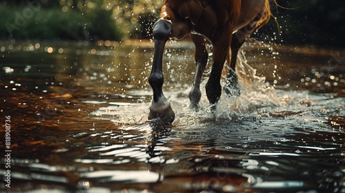 Droplets of water cascading off the hooves of a horse as it elegantly moves through the gentle currents of a river, ing ripples in its wake