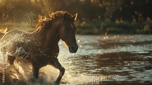 The graceful movement of a horse's mane as it gallops through the shallow waters of a river, ing a mesmerizing spectacle of beauty and power © Apexan Graphics