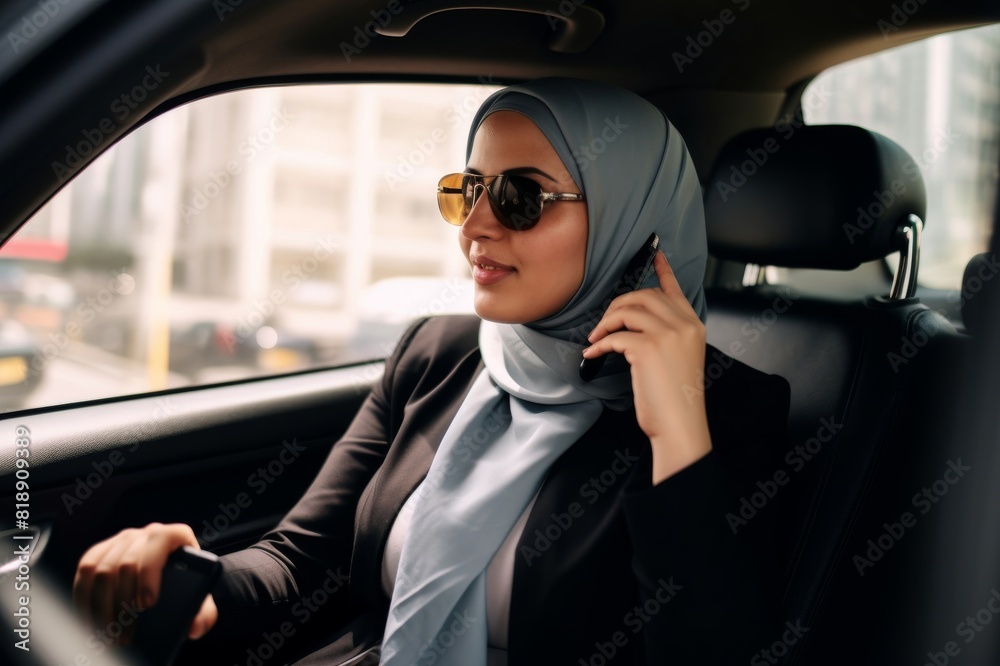 A muslim business woman is talking on phone in taxi