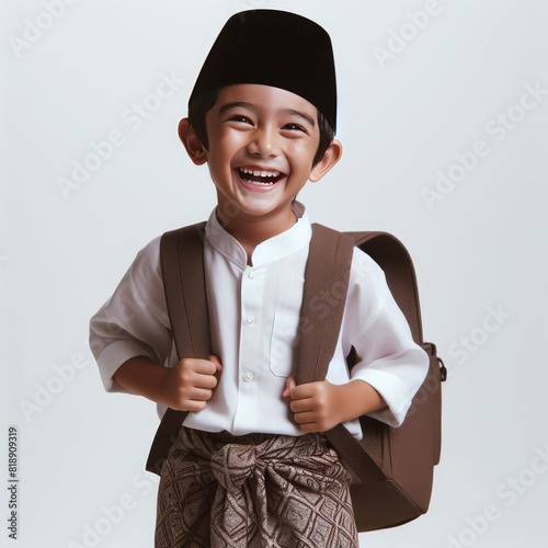 3D Character AI illustration of asian moslem Santri kids boys wearing peci kopiah sarung reading al quran with backpack going to school