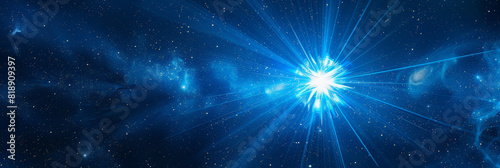 A bright star in the center of space with blue rays spreading outwards  with small particles . Speed of light in galaxy. Explosion in universe. Space background banner