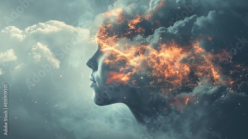 A surreal image of a human profile merging with clouds and fire, symbolizing imagination, creativity, and the power of the mind. #818909501