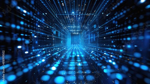 Abstract digital tunnel with blue lights representing futuristic data flow and online network technology concepts.