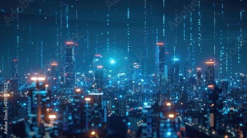 Futuristic cityscape with glowing blue and orange lights  representing advanced technology and digital transformation at night.