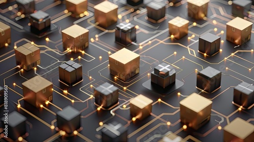 Futuristic electronic circuit board with glowing connections and metallic components, representing advanced technology and innovation.