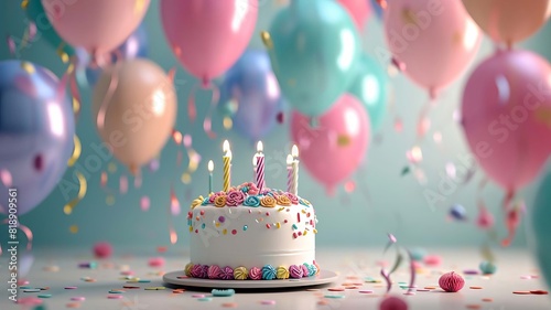 Beautiful happy birthday background with balloons. selective focus. Generative AI 