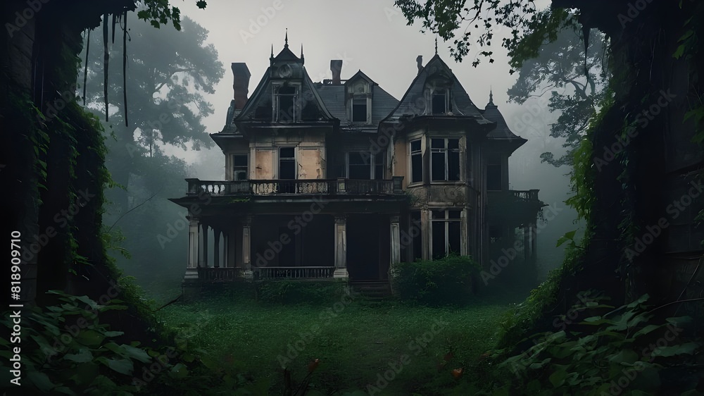 A creepy abandoned mansion, with broken windows and overgrown vines, surrounded by a misty forest. A creepy abandoned mansion, with broken windows and overgrown vines, surrounded by a misty forest.