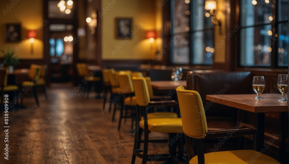 A yellow chair sitting in a restaurant with wooden floors and tables,.