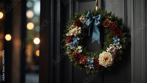 A wreath hanging on a door with flowers and bows,. © DEER FLUFFY