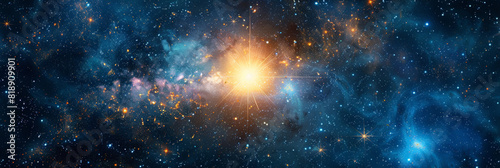 A bright star in the center of space with blue rays spreading outwards, with small particles . Speed of light in galaxy. Explosion in universe. Space background banner photo