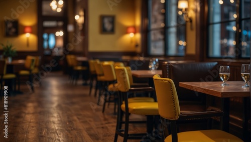 A yellow chair sitting in a restaurant with wooden floors and tables .