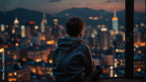 A young boy sitting on the floor looking at a cityscape,.
