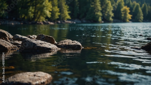 A view of a body of water with rocks and trees,. © DEER FLUFFY