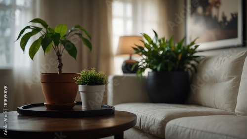 A white couch in a living room with two potted plants .