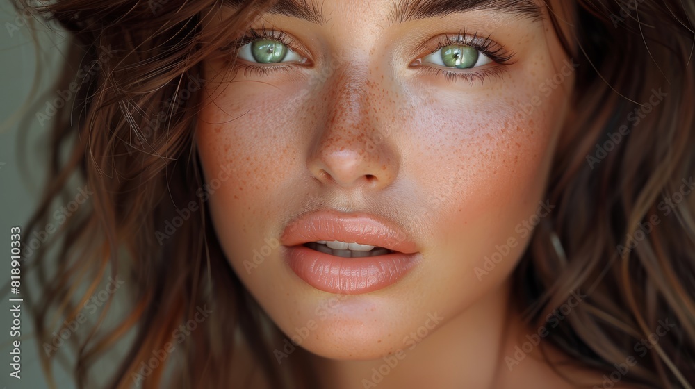 woman with dark green eyes, well-defined eyebrows, full lips, long brown hair woman with dark green eyes, well-defined eyebrows, full lips, long brown hair