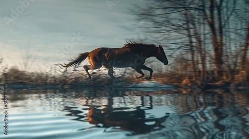 The reflection of a galloping horse in the mirrored surface of a calm river, capturing the beauty and power of the majestic ure in motion