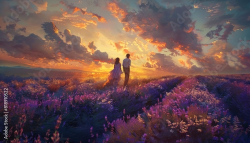 The couple is standing in a field of lavender at sunset. The sky is a bright orange and yellow, and the lavender is a deep purple. The couple