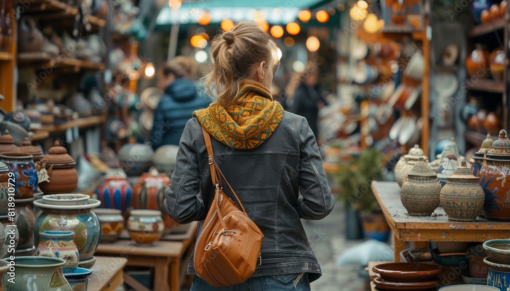 The image shows a woman with a brown bag walking through a market full of ceramic pots.