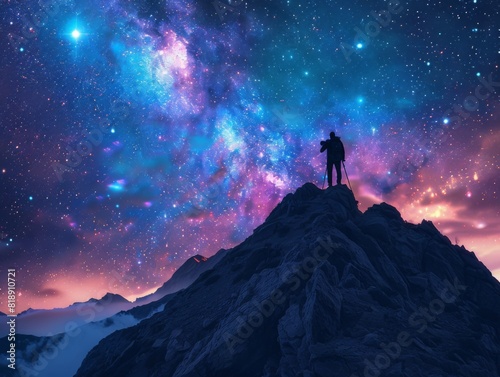 The image shows a person standing on a mountaintop, looking out at a starry night sky