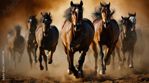 many horses running a race on a dirt track. © marimalina