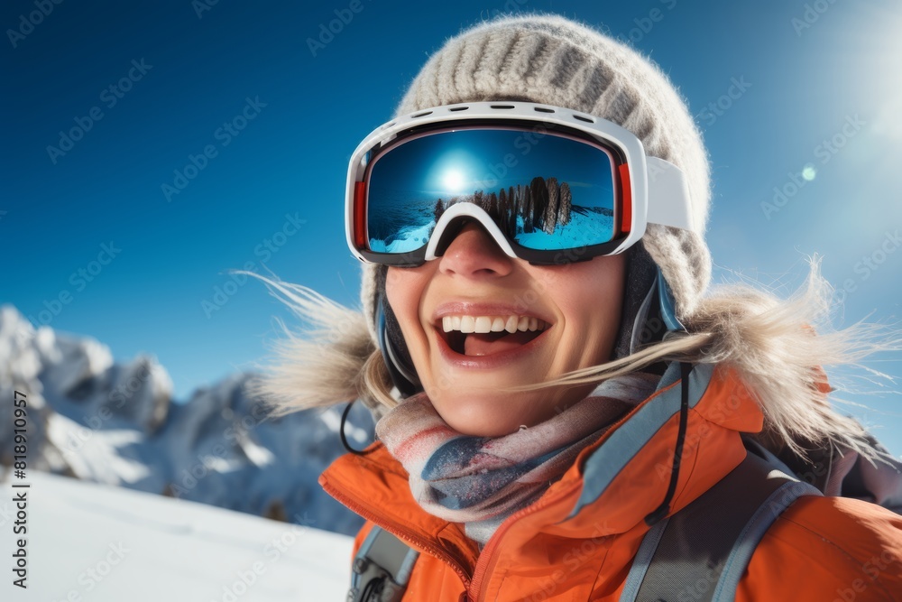 a happy woman wearing a helmet and ski goggles skiing on a clear winter day. Front view a happy woman wearing a helmet and ski goggles skiing on a clear winter day. Front view