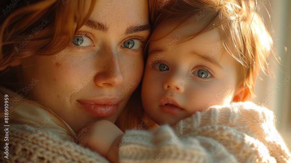a close-up of a European mother and her baby in natural light a close-up of a European mother and her baby in natural light