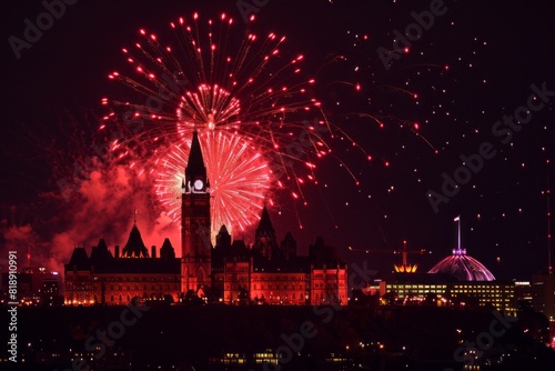 Panorama of Parliament Hill in Ottawa on Canada Day with colourful fireworks