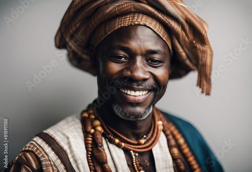 portrait of an African man in traditional dress with a sincere smile, isolated white background 