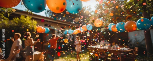 A fun-filled backyard party, with friends dancing and celebrating, colorful balloons and confetti adding to the lively atmosphere.