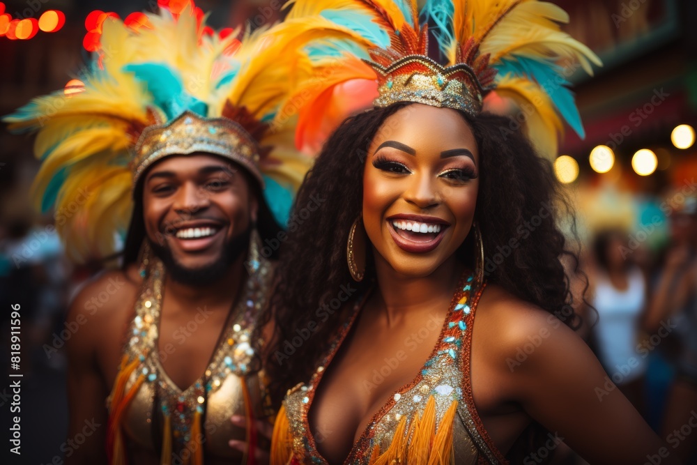 Brazilian dancers in samba dresses and feather hats at carnival celebration Brazilian dancers in samba dresses and feather hats at carnival celebration