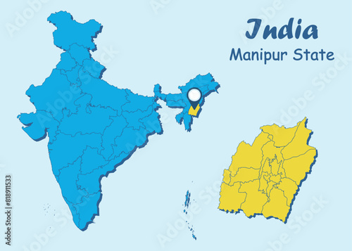 Manipur India vector map illustration on white background. Manipur District vector map illustration. Manipur political outline. Illustration. India Map with Highlighted Manipur state. India.