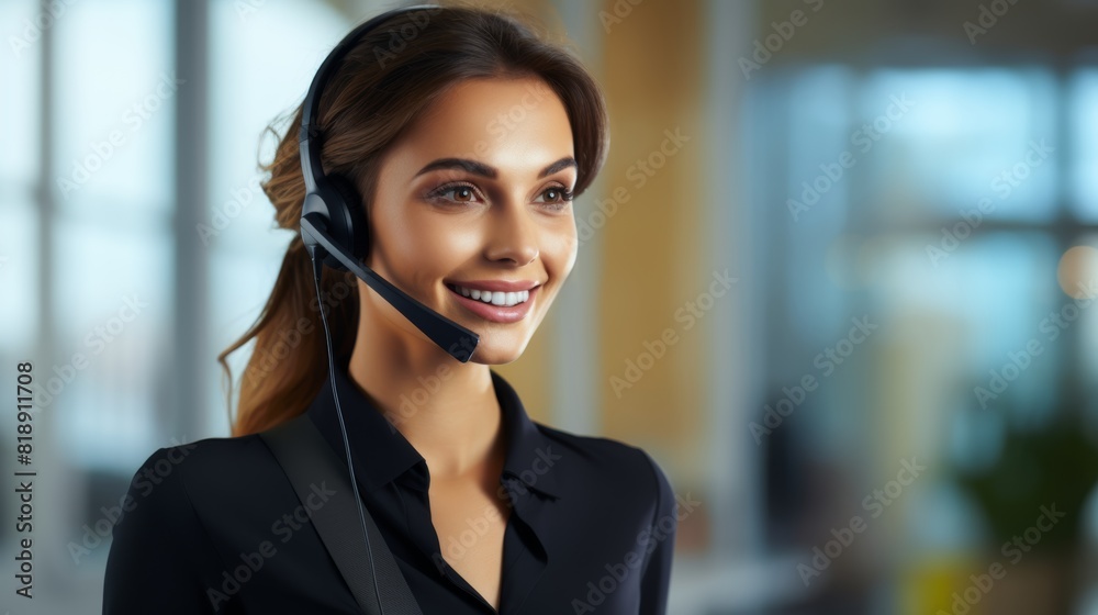 30 year old female receptionist with a headset smiling at the light and airy workplace with a large window behind. 30 year old female receptionist with a headset smiling at the light and airy workplace with a large window behind.