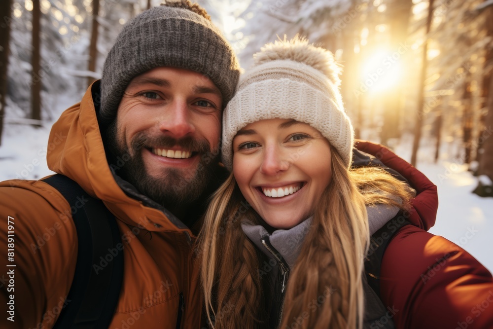 two happy couple in their 20s taking a selfie in a snowy forest on a bright morning with the sun low two happy couple in their 20s taking a selfie in a snowy forest on a bright morning with the sun low