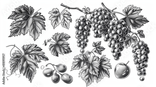 
Hand drawn vine, grape bunches and leaves. Grapevine pattern set sketch. Vineyard illustration vintage engraving 3d avatrs set vector icon, photo
