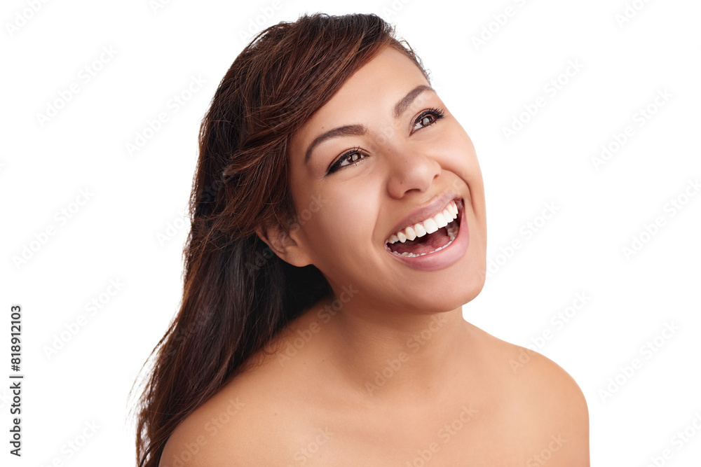 Woman, thinking and haircare in studio for treatment, confident and cosmetics for hair texture. Female person, beauty and hairstyle on white background, ponder and contemplating haircut choice
