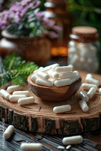 Badi tablets from medicinal herbs on wooden background