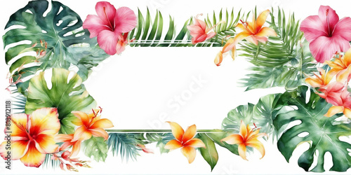 Watercolor of Tropical spring floral green leaves and flowers s isolated on white background, bouquets greeting or wedding card decoration, with Generative Ai.