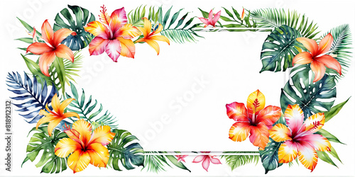 Watercolor of Tropical spring floral green leaves and flowers s isolated on white  background  bouquets greeting or wedding card decoration  with Generative Ai.