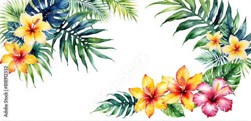Watercolor of Tropical spring floral green leaves and flowers s isolated on white  background, bouquets greeting or wedding card decoration, with Generative Ai. © babarkhan