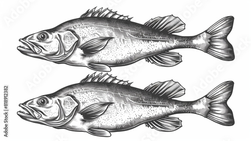  Hand drawn Sea Bass, whole fish, sketch in vintage engraving . Fishing, Seafood concept. Vector illustration 3d avatrs set vector icon,