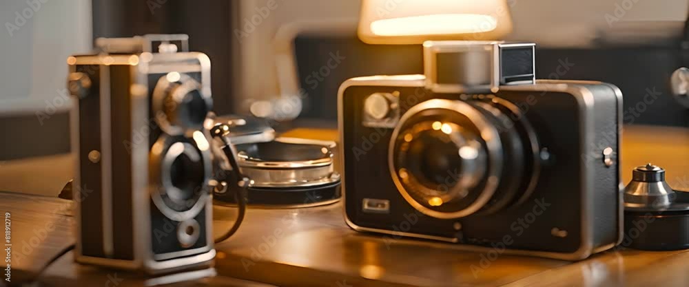 An old-fashioned, black and silver camera with big buttons and a round lens An old-fashioned, black and silver camera with big buttons and a round lens