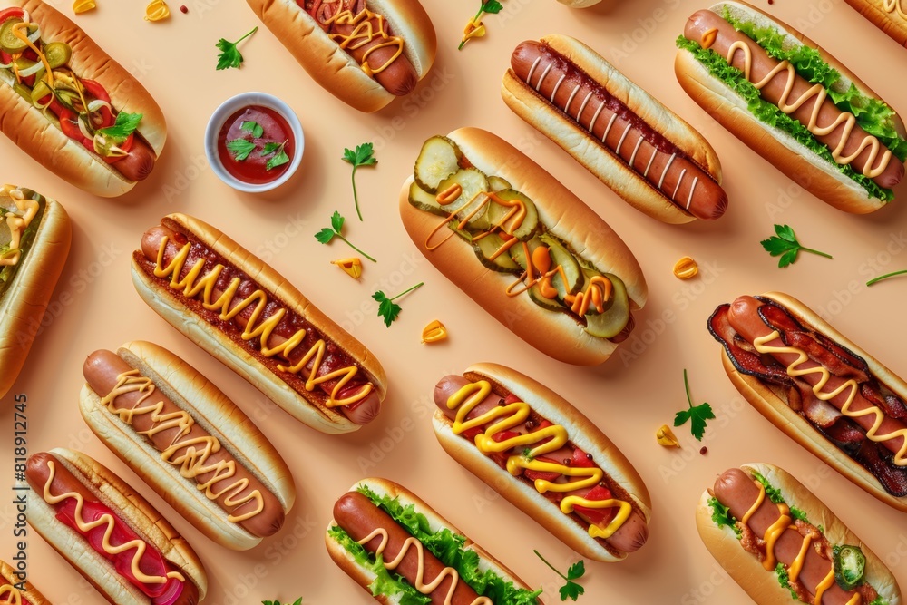 many hot dogs with different ingredients on light orange background many hot dogs with different ingredients on light orange background