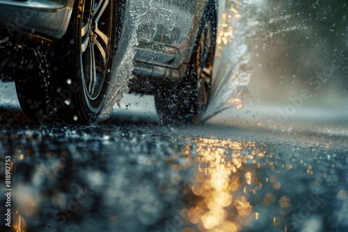 Car with Alloy wheels drives through puddle on wet road photo