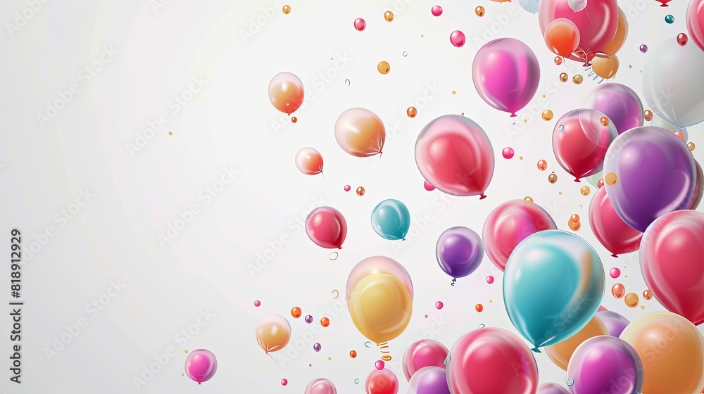 festive background, colorful balloons flying on white background, place for text, copy space