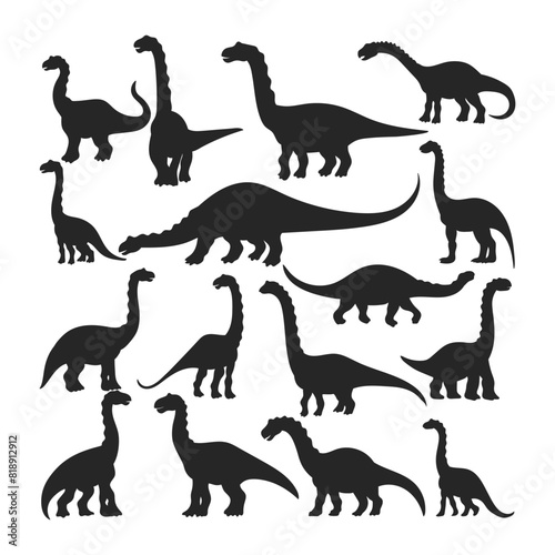 Dinosaur and Jurassic monster icons. Vector silhouettes of Brachiosaurus, Isisaurus, Camarasaurus, Mamenchisaurus, Diplodocus
