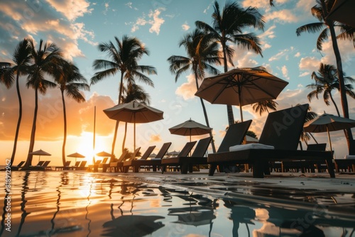 A serene pool with palm trees  umbrellas  and chairs at sunset